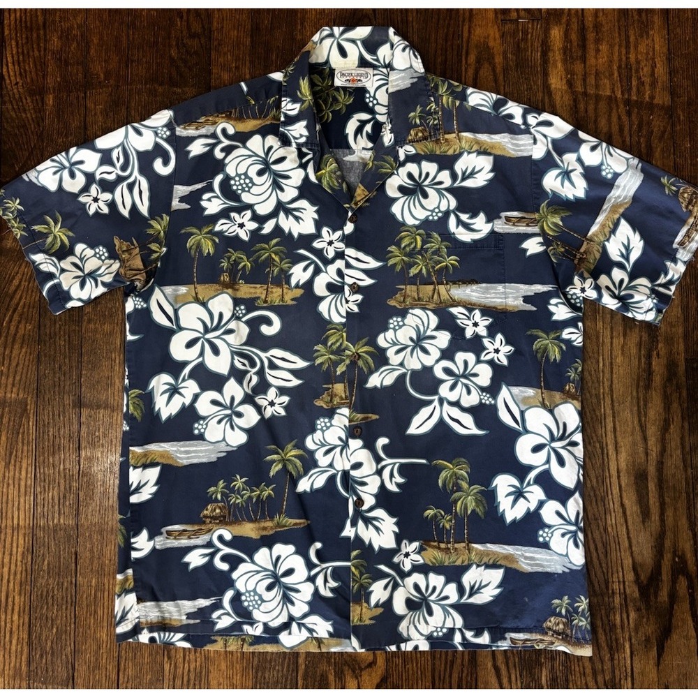 🌴Pacific Legend Hawaiian Shirt mens 2XL Blue White Floral Aloha Short Sleeve